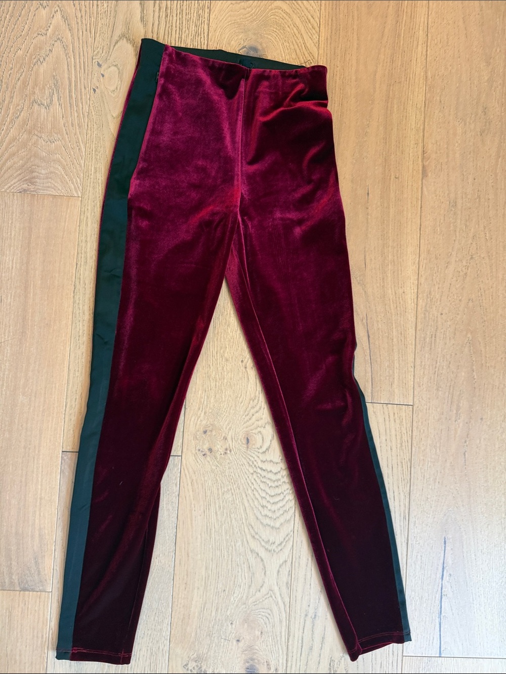 NBD womens Velvet Leggings in Burgundy with Black Side Stripe
